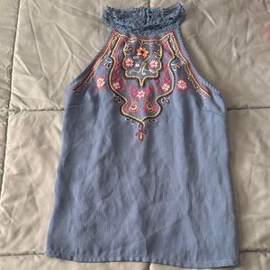 Embroidered Blue Sleeveless Halter Top (XS)